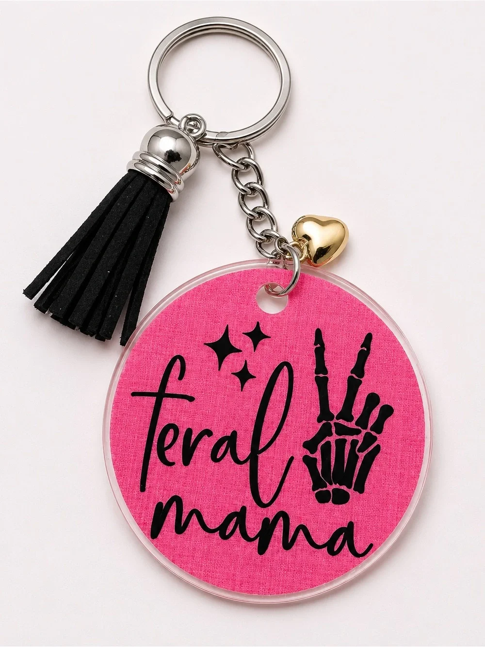 Pink 'feral mama' Keychain with Black Tassel